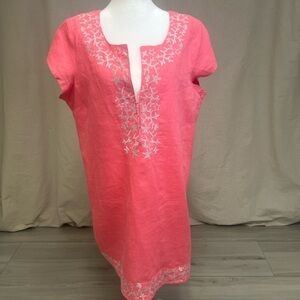 HIHO Women's Rachel Coral Pink Embroidered Linen Tunic Dress Sz XL